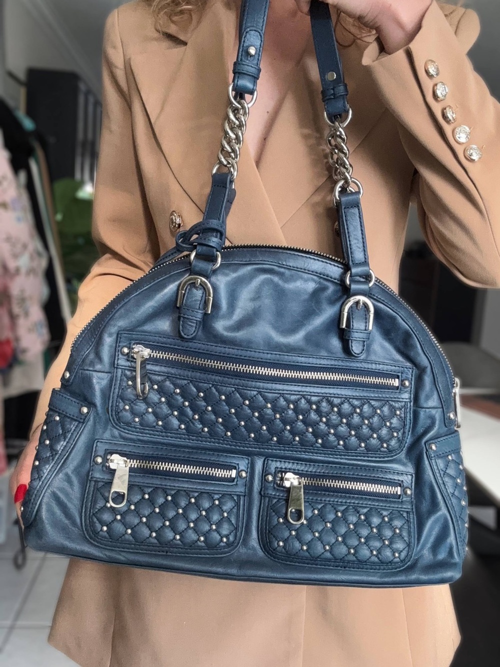 Badgley Mischka Blue Quilted Dome Satchel Handbag